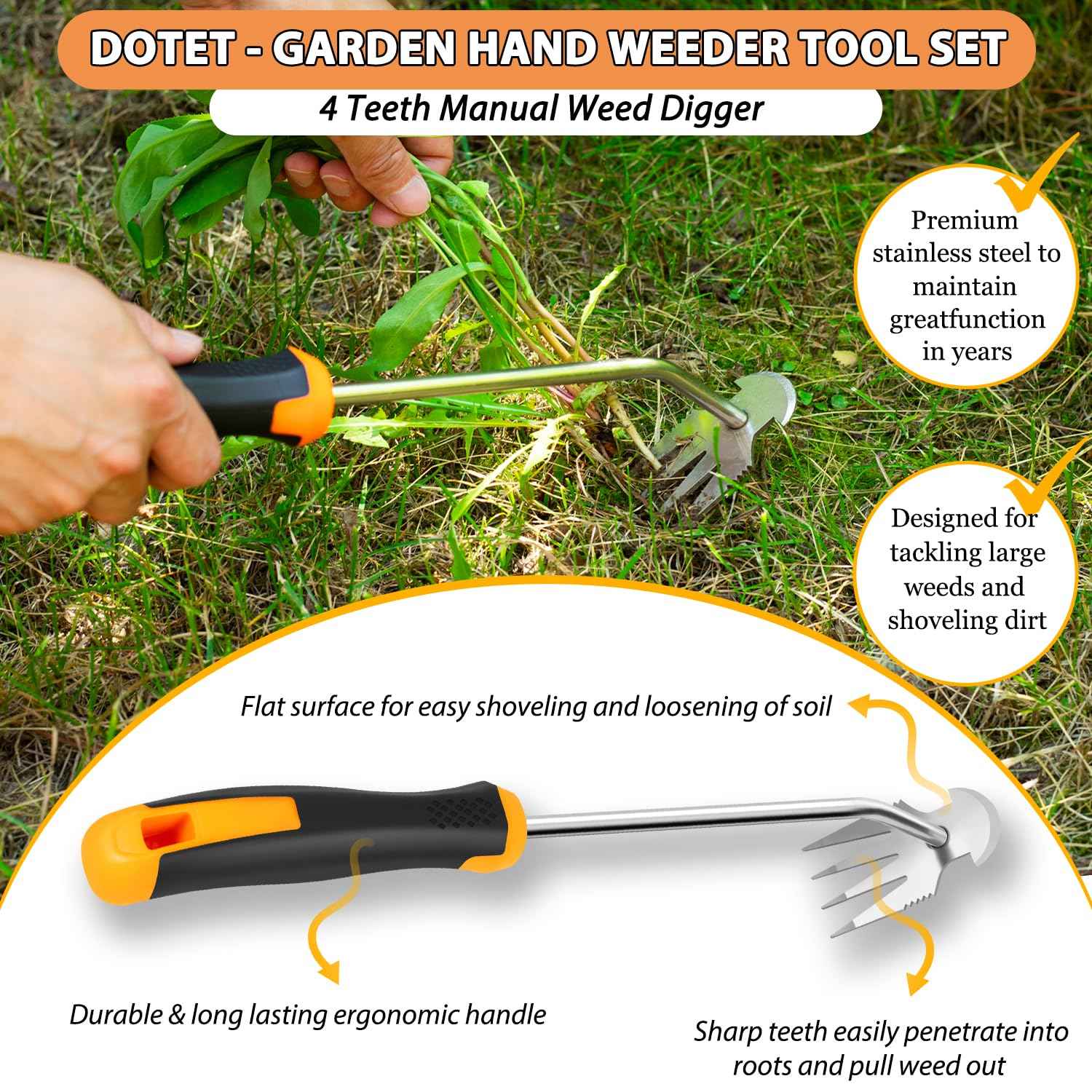 Dotet Garden Uprooting Weeding Tools - 3 Pack Hand Held Weeder Puller Tool Set, Rubber Handle, Weed Remover for Garden Farm Weeding