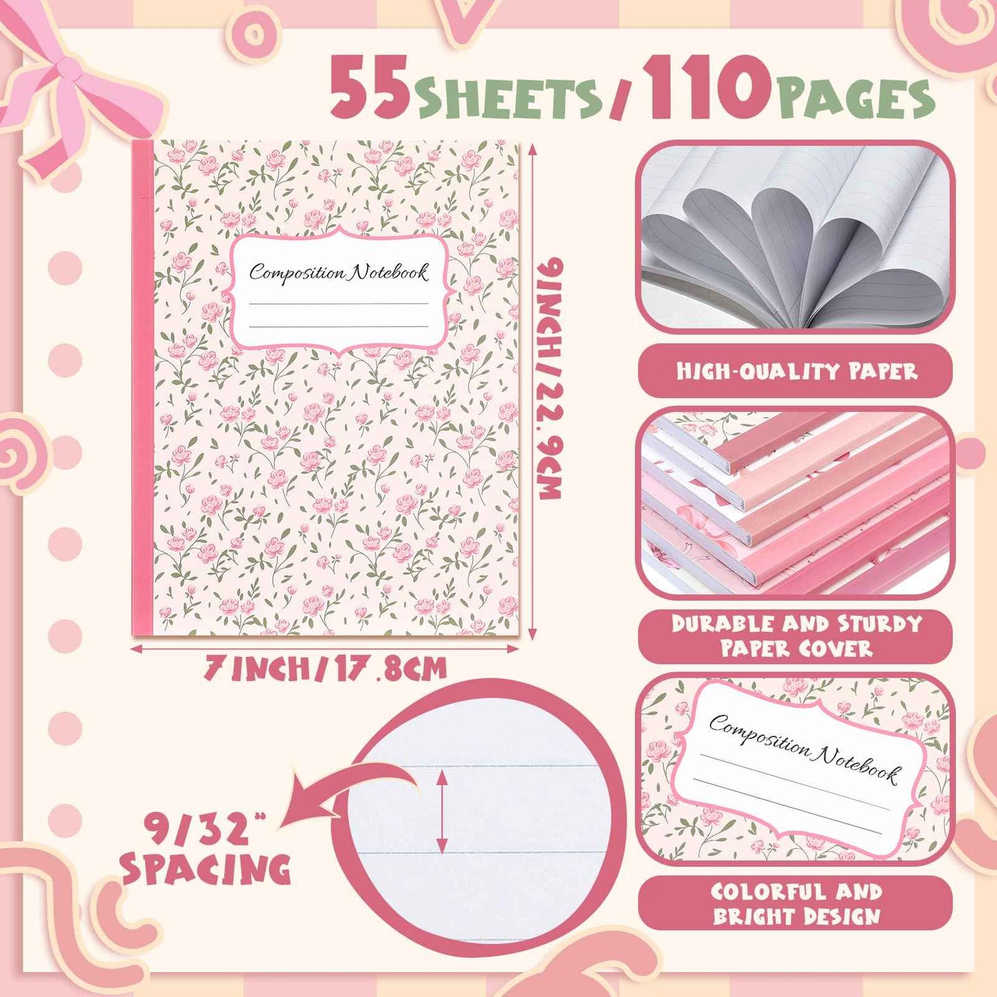 Fullhawl 6 Pcs Bow Composition Notebooks, Preppy Coquette Notebook College Ruled Journal, 110 Page, Cute Back to School Gift for Teacher, Student, First Day of Schooll(Pink,9-3/4 x 7-1/2")