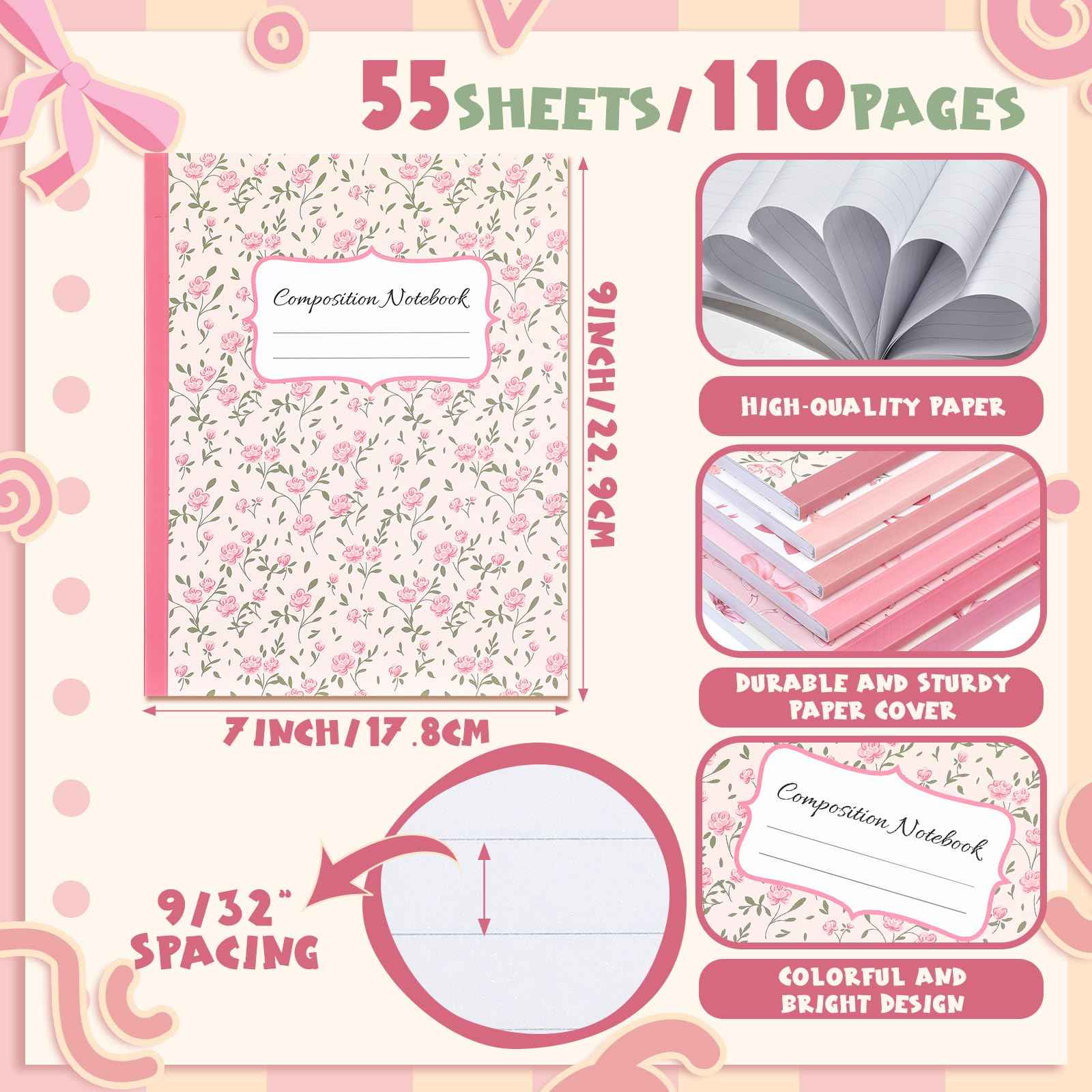 Fullhawl 6 Pcs Bow Composition Notebooks, Preppy Coquette Notebook College Ruled Journal, 110 Page, Cute Back to School Gift for Teacher, Student, First Day of Schooll(Pink,9-3/4 x 7-1/2")