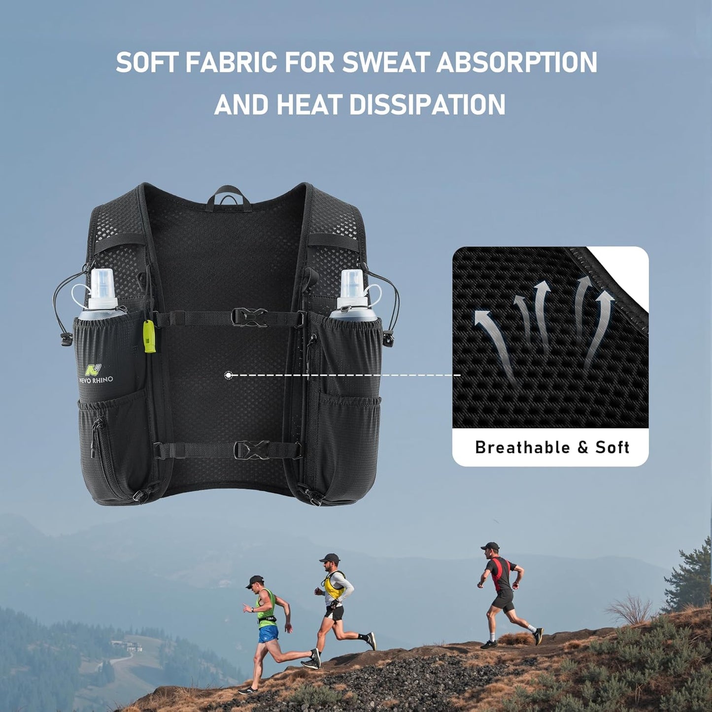 N NEVO RHINO Running Vest - 5L Lightweight Hydration Backpack with 2 TPU Soft Flasks | Breathable for Trail Running & Hiking