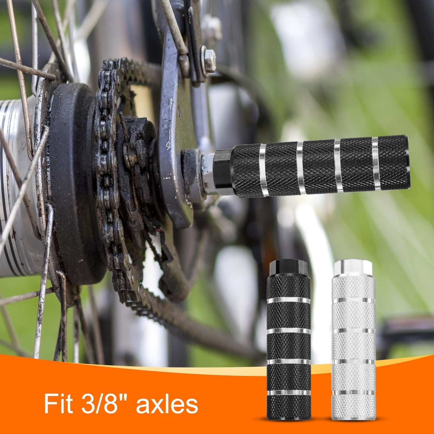 HARFINGTON 2 Pairs Bike Pegs Aluminum Alloy Rear Stunt Pegs Anti-Skid Stripe Back Seat Stands Fit 3/8" Axles for Mountain Bike, Black & Silver