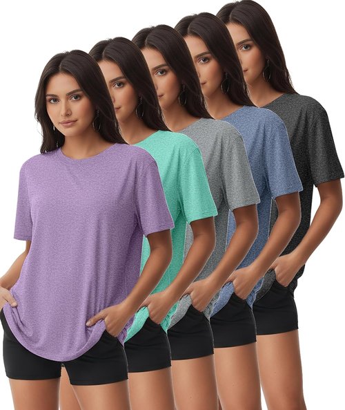 Kinglaman Workout Tops for Women - 5/6 Pack Dry Fit UV Protection Athletic Tees | Ideal for Gym & Yoga