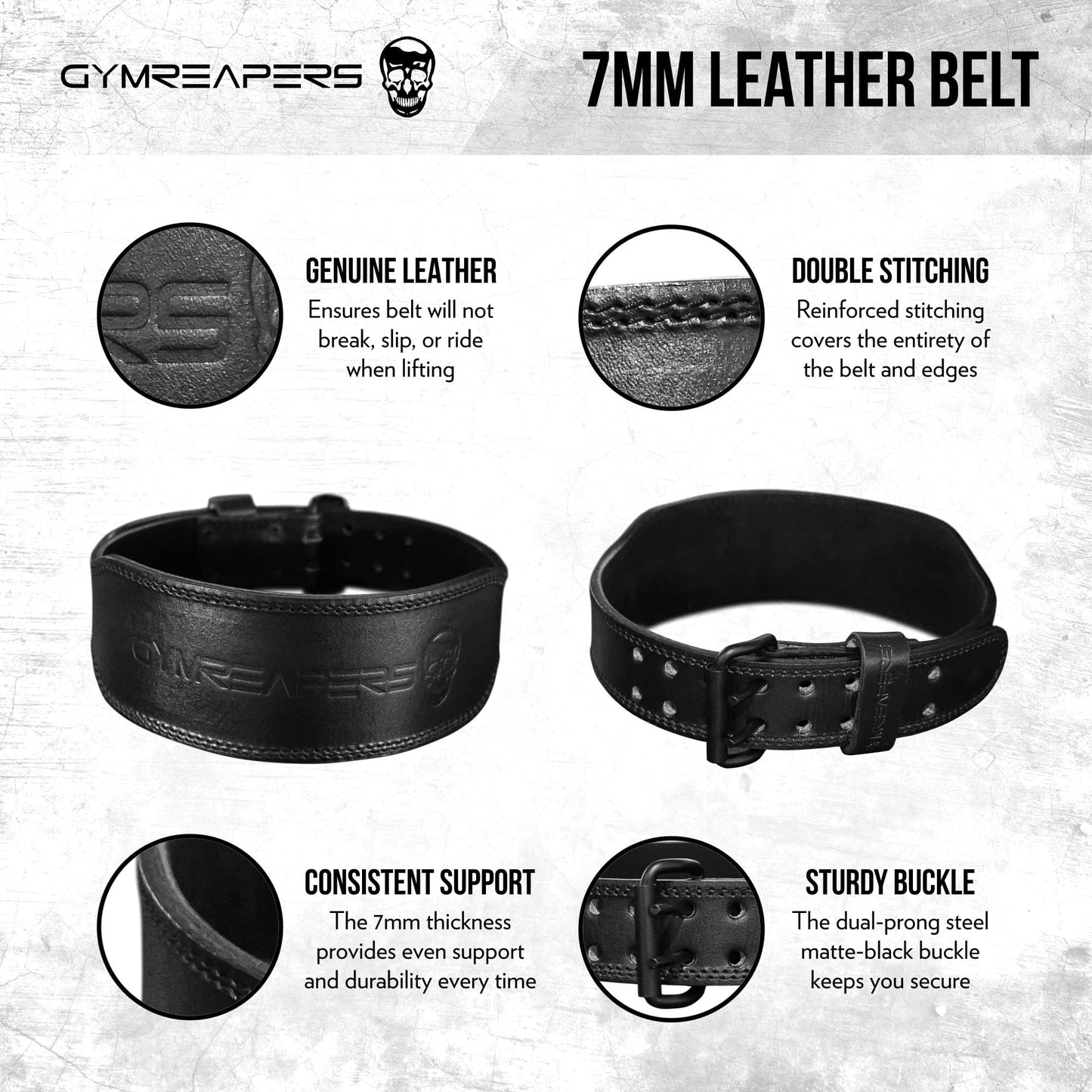 Gymreapers Weight Lifting Belt - 7MM Heavy Duty Pro Leather Belt with Adjustable Buckle - Stabilizing Lower Back Support 4 Inches Wide For Weightlifting, Bodybuilding, Cross Training (Black, Medium)