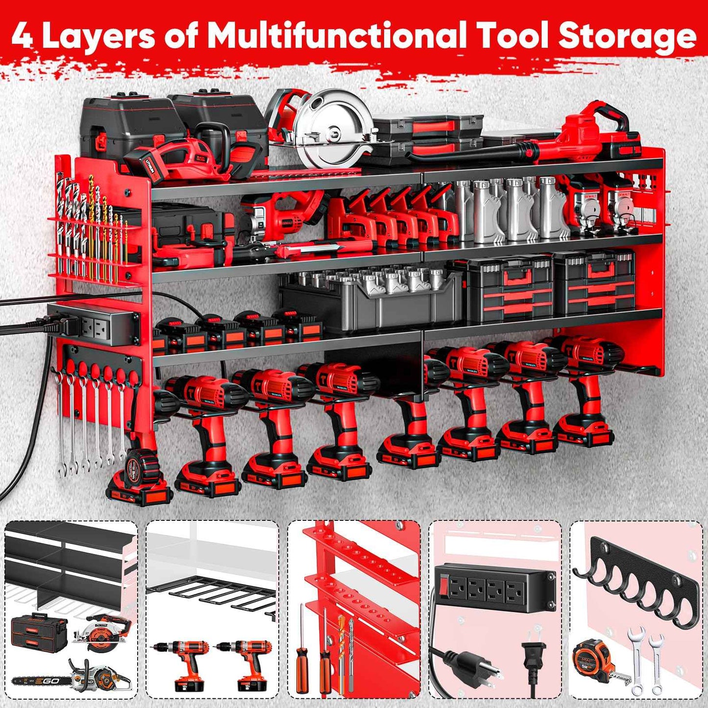 POKIPO Large Power Tool Organizer Wall Mount with Charging Station,4 Layer Heavy Duty Metal Tool Storage Shelf Loads 600lbs,Battery Utility Rack With 4 Outlet Power Strip with 8 Cordless Drill Holder