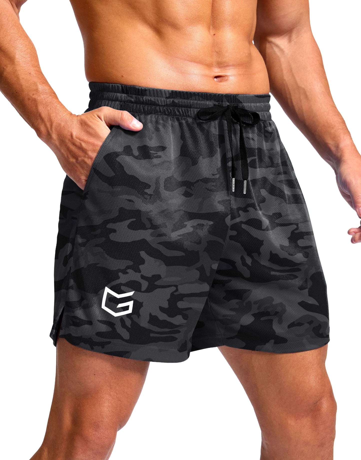 G Gradual Men's Athletic Workout Shorts with Pockets 5"/7"/9" Lightweight Quick Dry Gym Basketball Running Shorts for Men(Grey Camo,5-M)