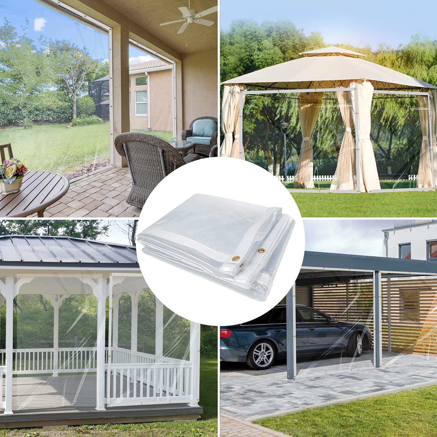 10 x 10FT Outdoor Clear Tarp Curtain Waterproof Wind-Proof 24 Mil Transparent Vinyl Tarp for Patio Pergola Garden Canopy Rainproof Anti-Tear PVC Thick Cover with Grommets