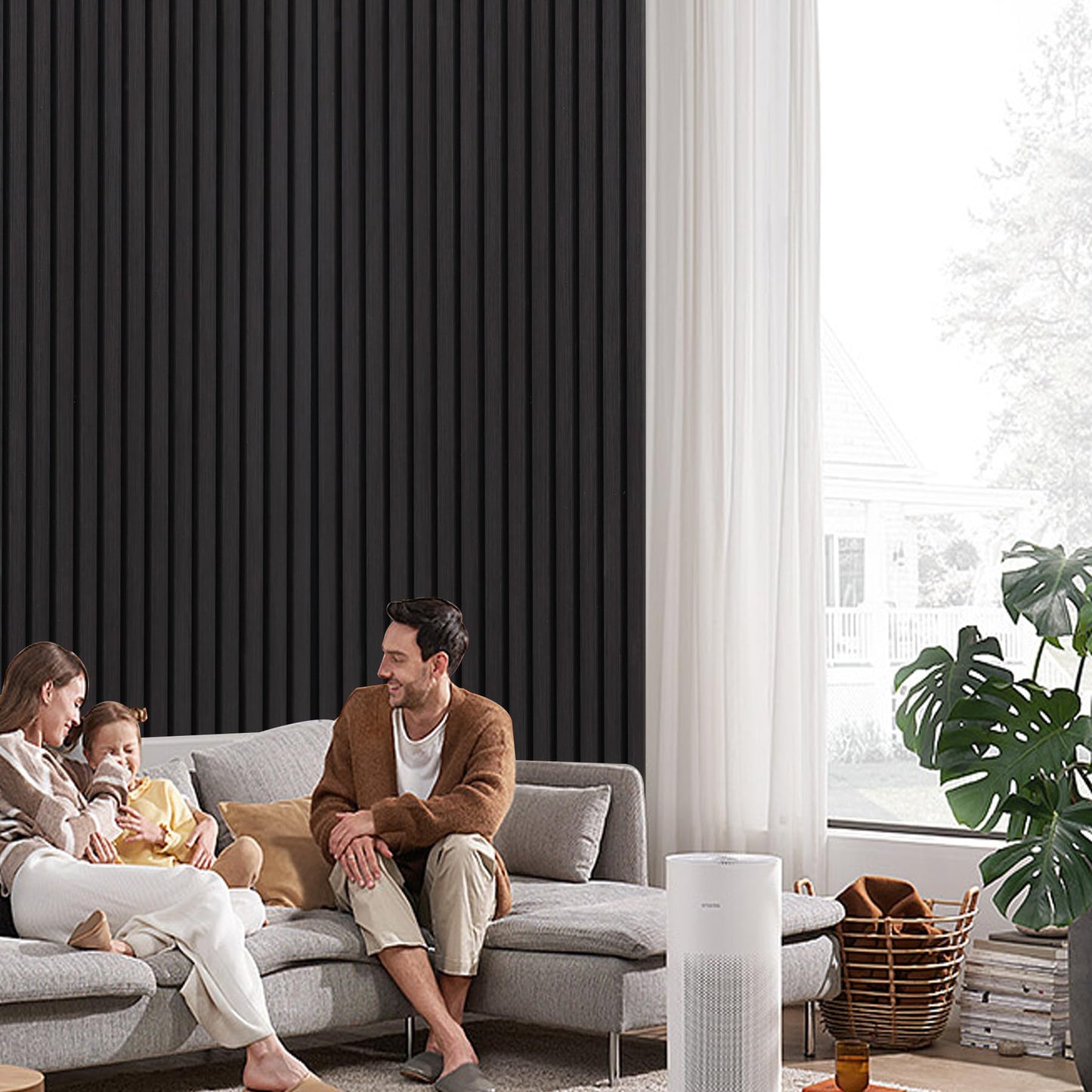 Taaizau 3D Slat Acoustic Wall Panels with Wood Finish Accent, 2 Pack Sound Absorbing Paneling for Studio, Office, Living Room, Bedroom Interior Decor (Matte Black, 48''L x 24''W)