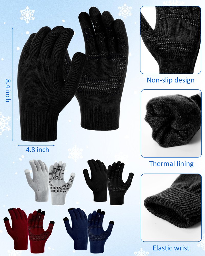 Shyyween 8 Pcs Winter Beanies and Gloves Set for Men Women, Stretchy Knitted Hats Touch Screen Gripper Glove Unisex Warm Gift(Black, Wine Red, Navy Blue, Gray)