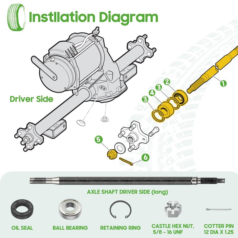 10L0L Golf Cart RXV Driver Side Rear Spline Axle Shaft for EZGO RXV Electric 2008 UP, OEM 620337, 614208, 24.5" Long