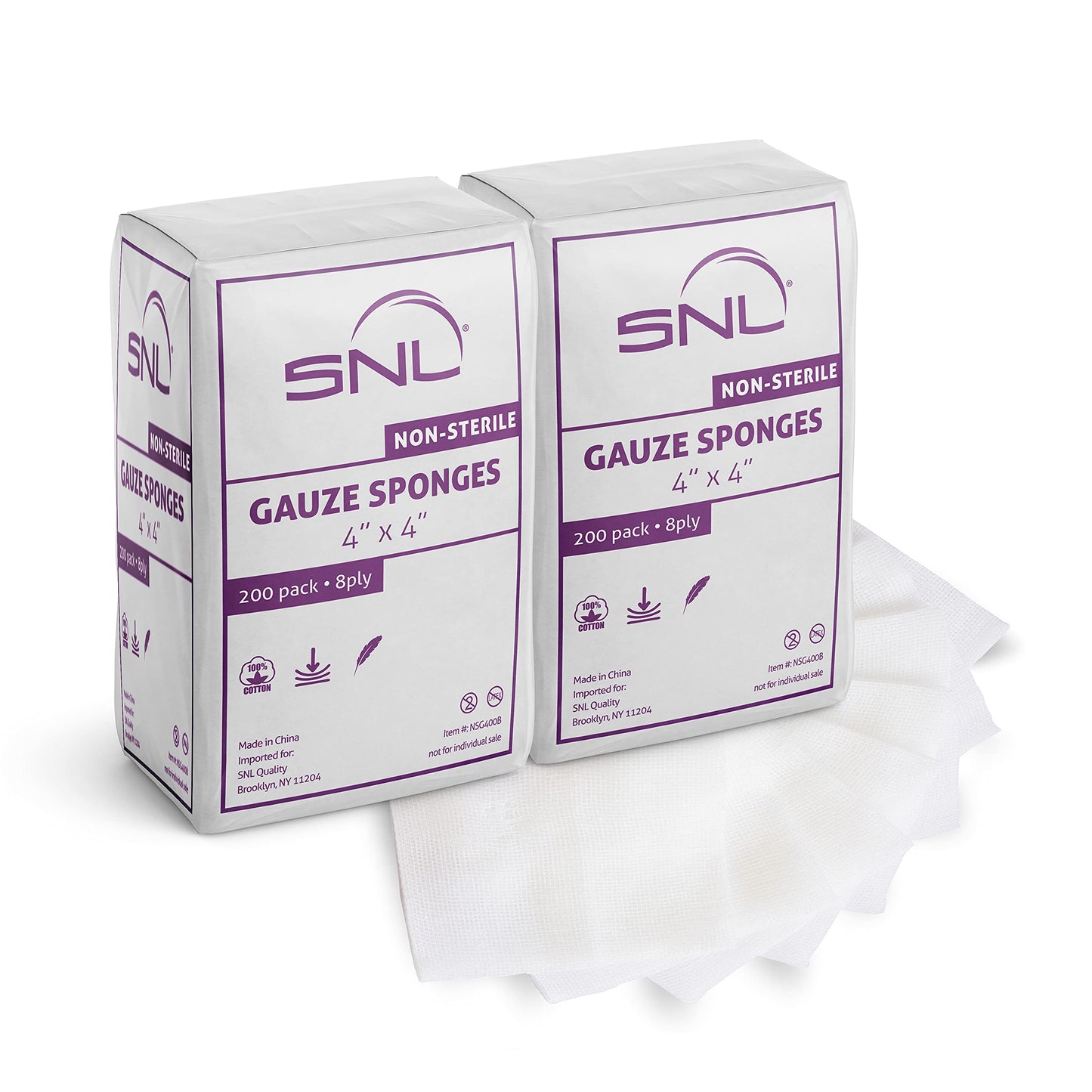 All-Purpose Gauze - 4" X 4" - Box of 400 - by SNL Quality, Non-Sterile, Latex Free, Gauze Sponge Pads, 8 Ply - (2x 200 Packs Inside), Ideal for First Aid, Beauty Applicator, Absorbent Dressing Bandage