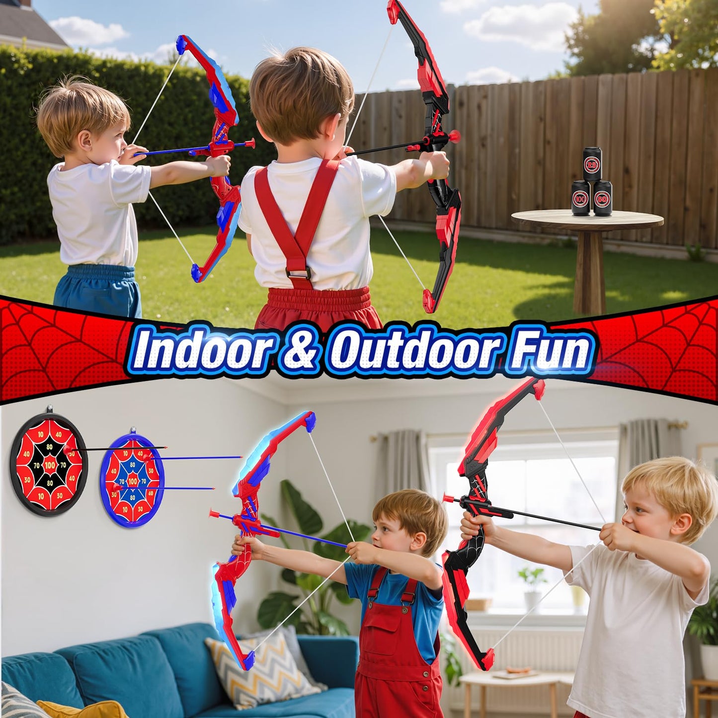 HYES 2PCS Bow and Arrow for Kids, LED Light Up Archery Set with 24 Suction Cup Arrows, 2 Hanging Target, 6 Score Targets & 2 Quiver, Indoor Outdoor Sport for Boys Girls Ages 4-12