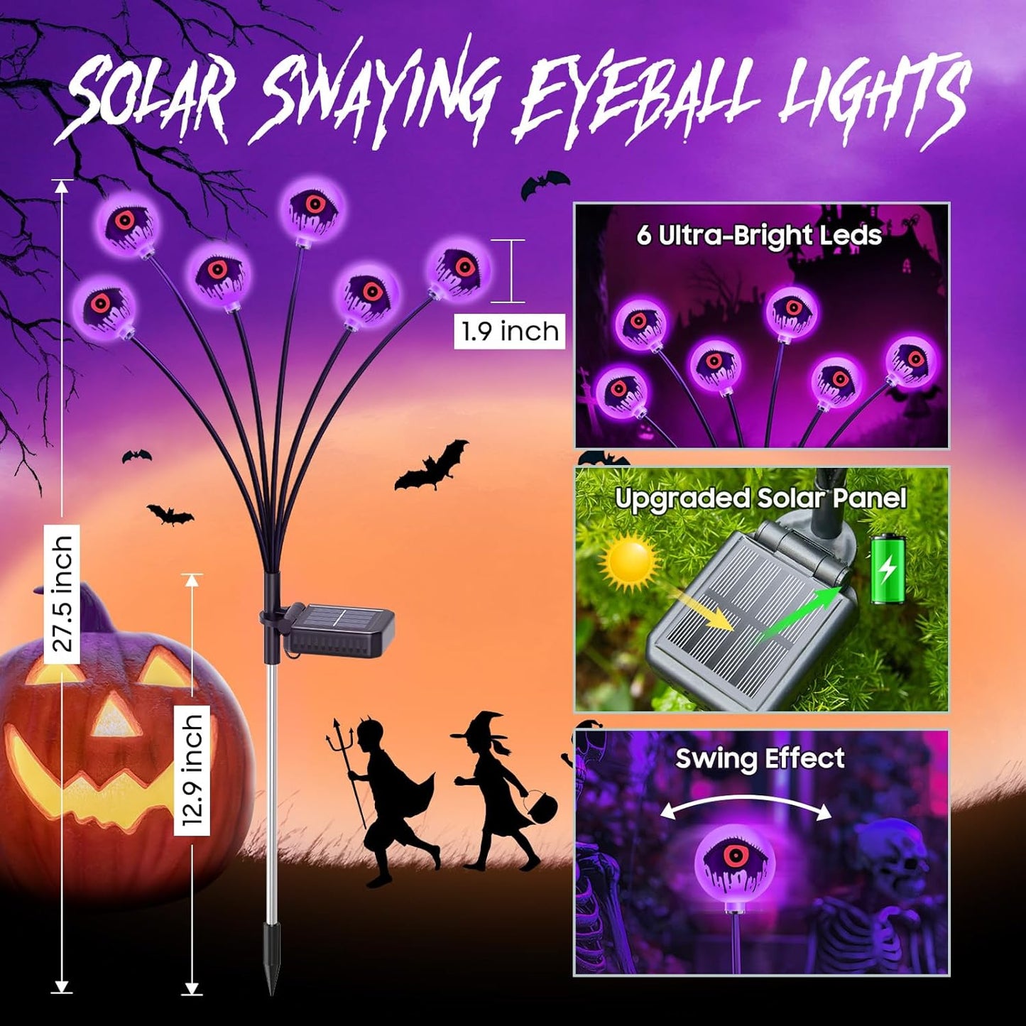Solar Halloween Eyeball Lights - 6 Pack 36 LED Green Scary Pathway Decor