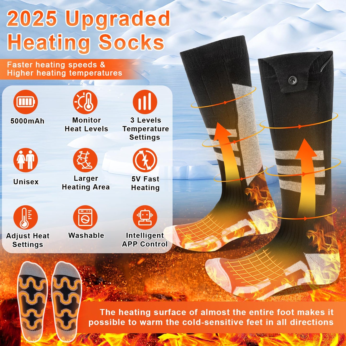 Heated Socks for Men Women Rechargeable: Olycism Improved Heated Socks 5000 mAh Battery Electric Thermal Clothing Chauffant Pour Femme 4 Temperature Adjustable Outdoor Riding Camping Hiking Skiing (M)