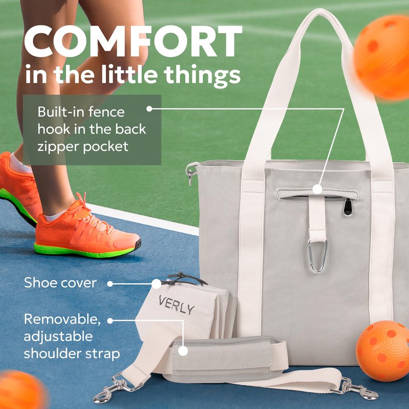 VERLY Pickleball Bag - Large Gray Canvas Tote Bag for Women and Men, Fits 2 Pickle Ball Paddles & Shoe Storage, Adjustable Strap, Fence Hook, Pickleball Gifts & Accessories