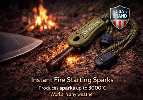 Devmark Ferrocerium Fire Starter with Paracord Lanyard and HSS Striker, 3/8" Long Ferro Rod Fire Steel for for Camping, Bushcraft, Survival & Emergency Use
