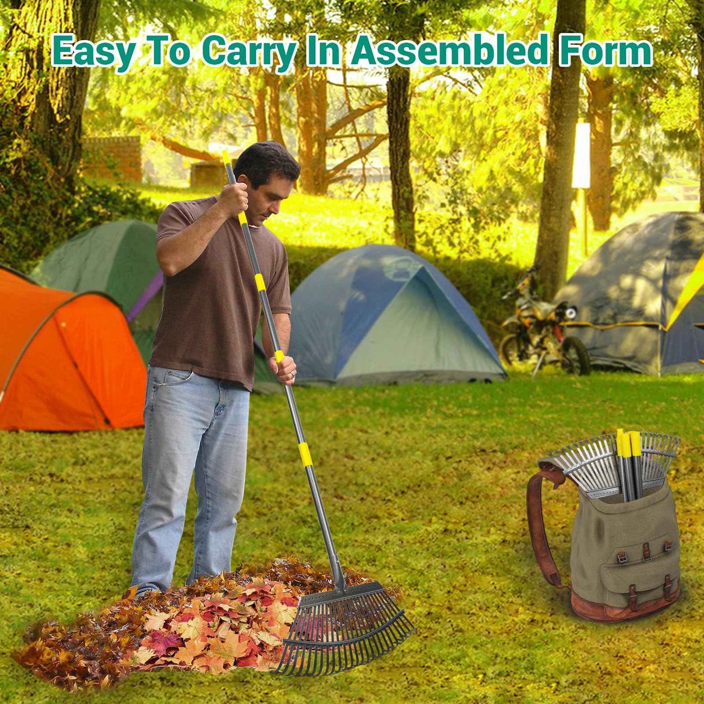 Serqd Adjustable Garden Rake for Leaves 36-73" Long Handle, 18" Wide, Heavy Duty with 25 Metal Tines ，Includes 32Gallon Leaf Bags，Designed for Lawns, Grass, Shrubs ，Flower Beds