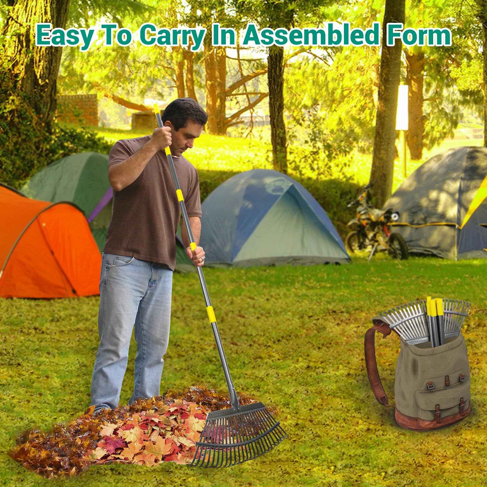 Serqd Adjustable Garden Rake for Leaves 36-73" Long Handle, 18" Wide, Heavy Duty with 25 Metal Tines ，Includes 32Gallon Leaf Bags，Designed for Lawns, Grass, Shrubs ，Flower Beds