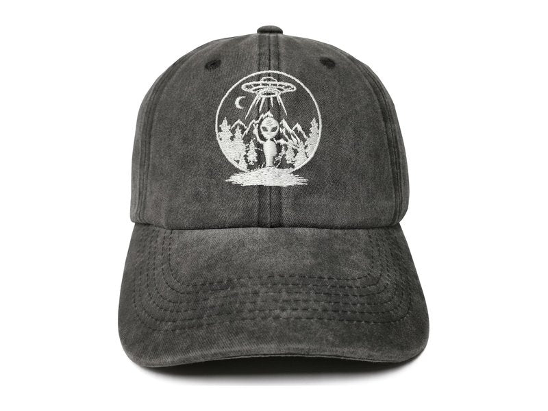 ZKFE Embroidered Alien Under The Moon UFO Hat for Men Women, Washed Black Adjustable Cotton Embroidery Snapback Hat Baseball Cap