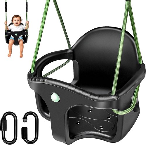 Dakzou High Back Full Bucket Toddler Swing Seat - Upgraded Heavy Duty with Finger Grip Chain | Black