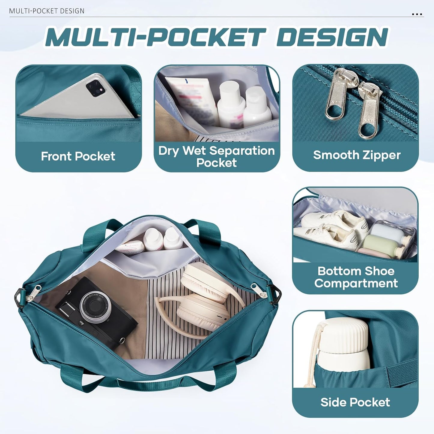 Skiennix Travel Duffel Bag - Large Waterproof Weekender with Shoe Compartment & Trolley Sleeve - Peacock Blue