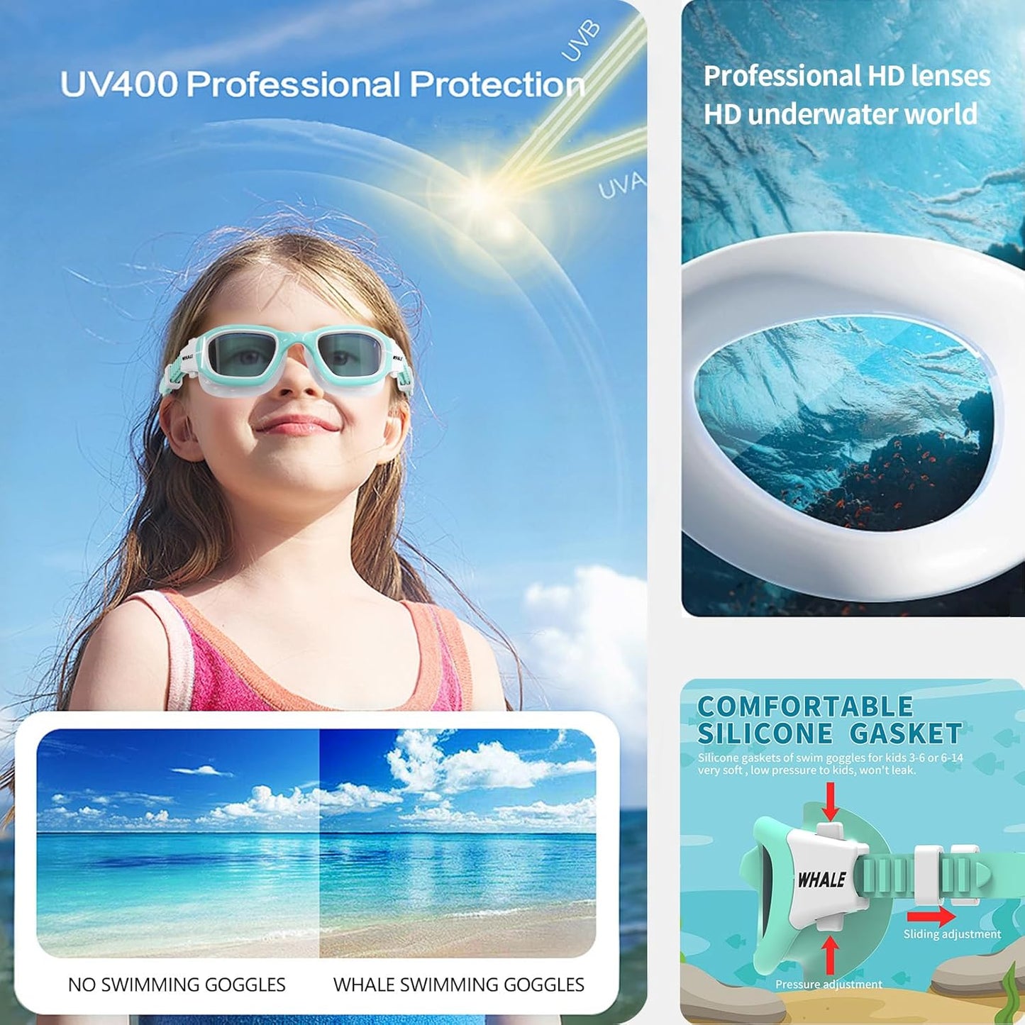 Whale Swim Goggles - A2 GE Polarized Anti-Fog & UV Protection for Adults & Youth | Green Frame