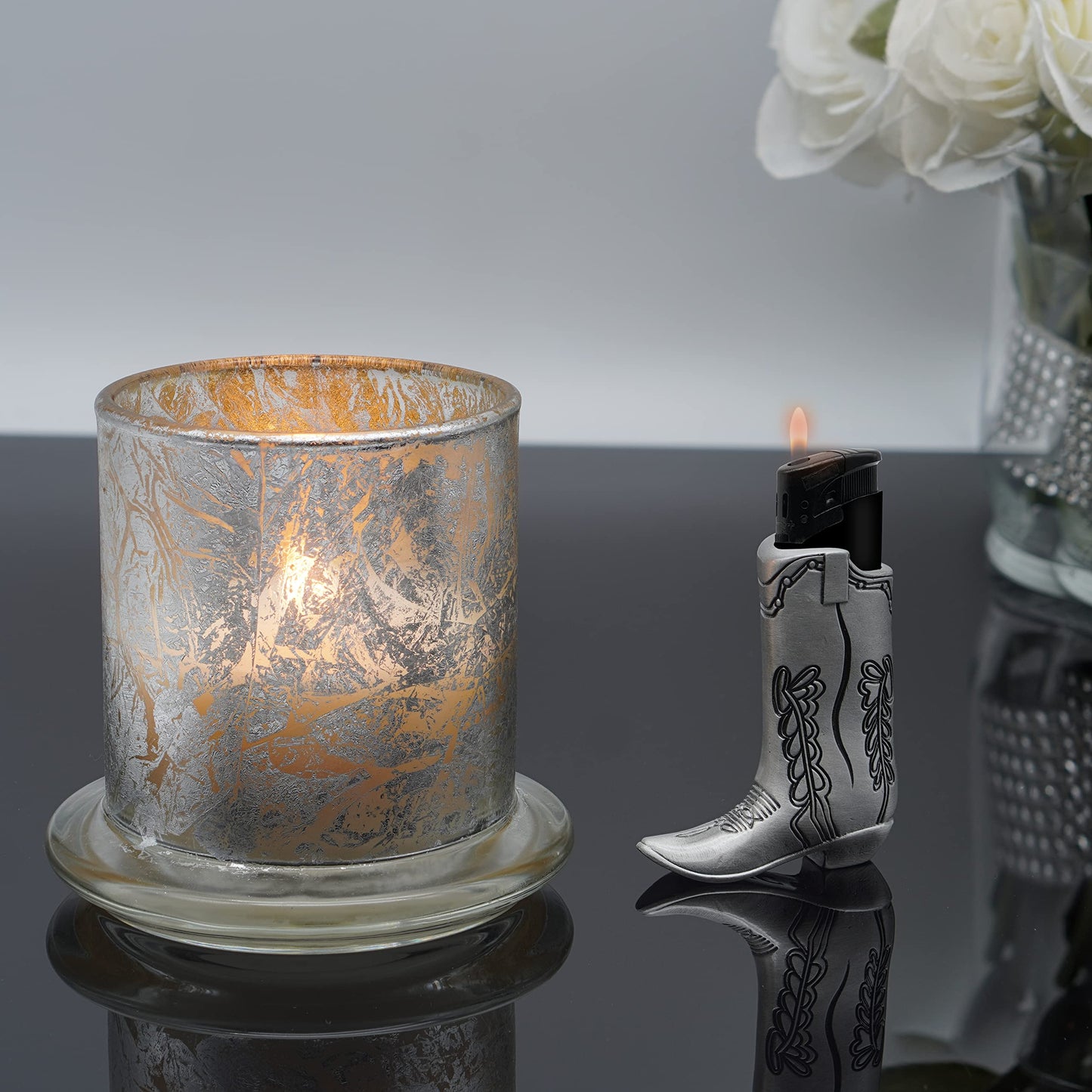 Cowboy Boot Lighter Case Silver Metal by HMC - for Mini Bic J5 - Stylish Design Lighter Sleeve Cover, Ideal for Home Or Everyday Carry