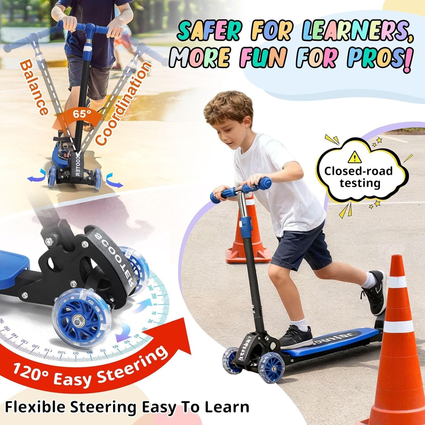 Skiennix Kick Scooter for Kids | Light-Up Three-Wheel Design, Adjustable Height, Foldable, Ages 3-7, Up to 120 Lbs