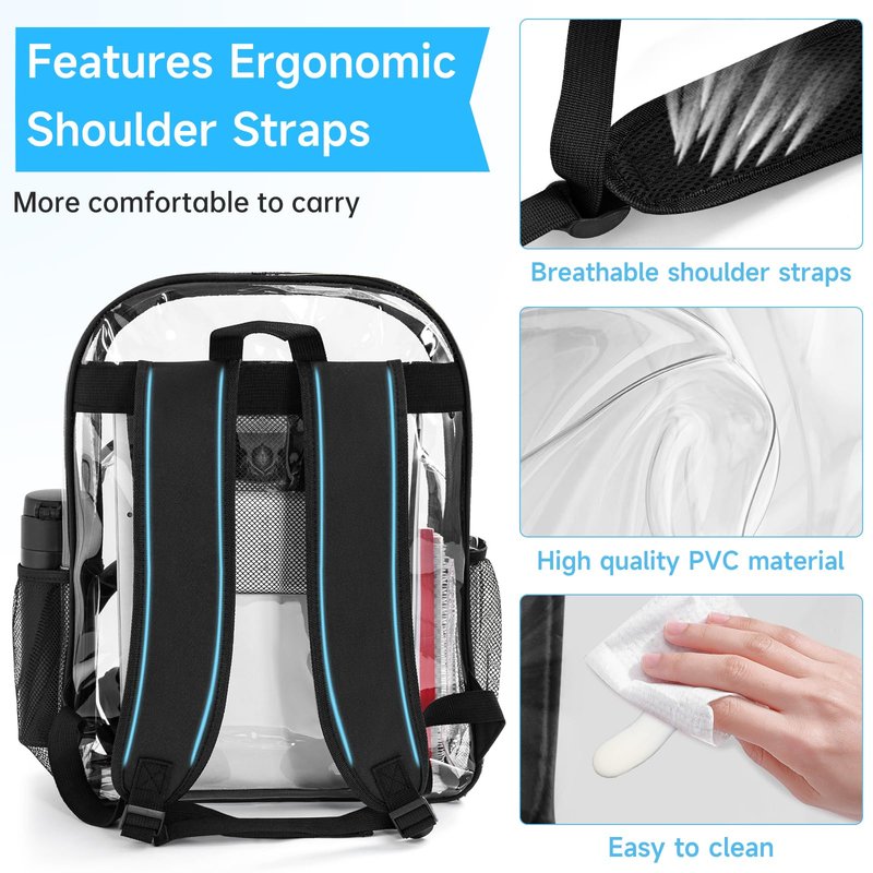 WELIDAY Clear Backpack Heavy Duty PVC Transparent Backpack Large Capacity Clear Bookbag for Work and Travel Security Ruggedly Reinforced Strap for Men, Women, Boys & Girls (Black)