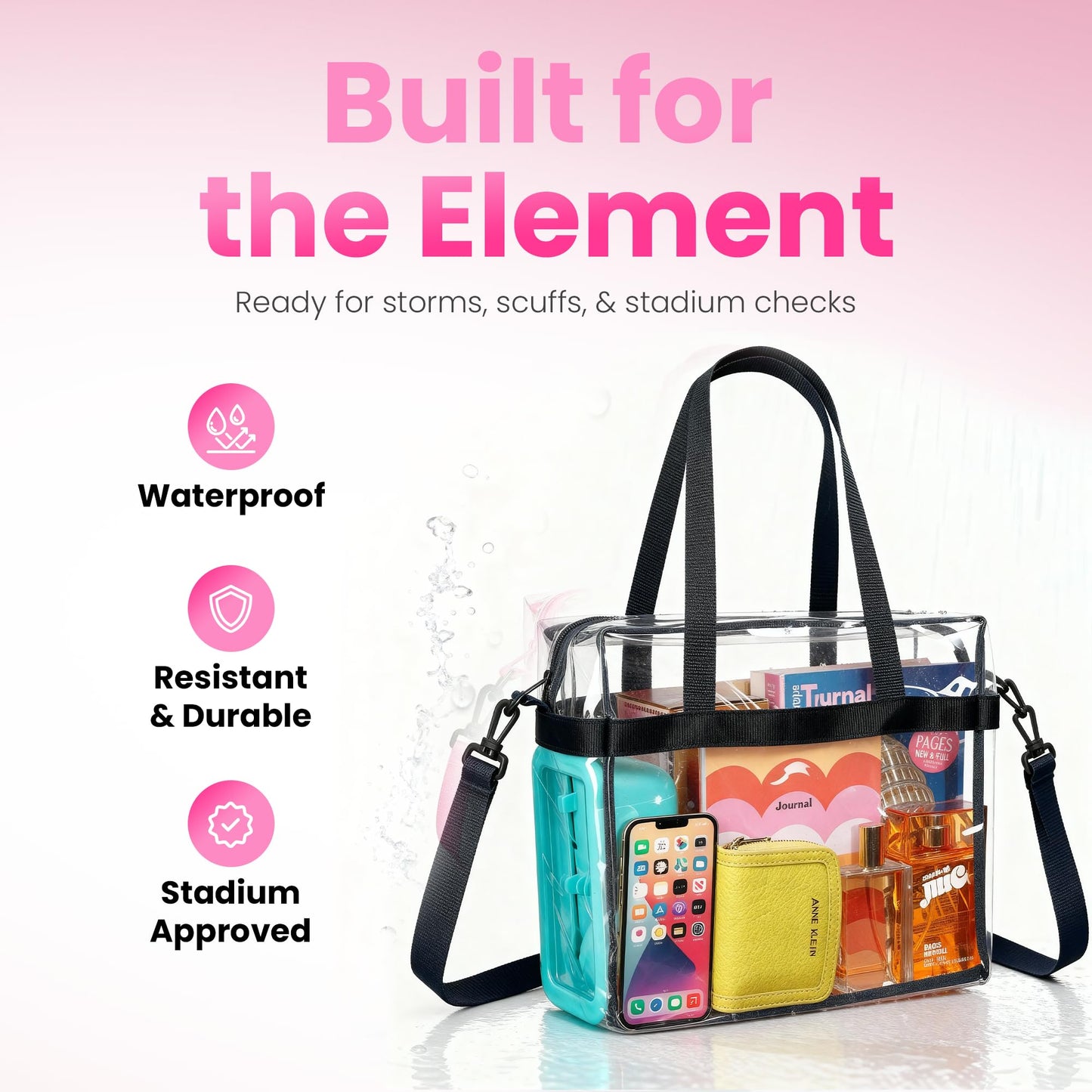 Handy Laundry Clear Tote Bag Stadium Approved - Shoulder Straps and Zippered Top. Perfect Clear Bag for Work, Sports Games and Concerts. Meets Stadium Tournament Guidelines. (Black)