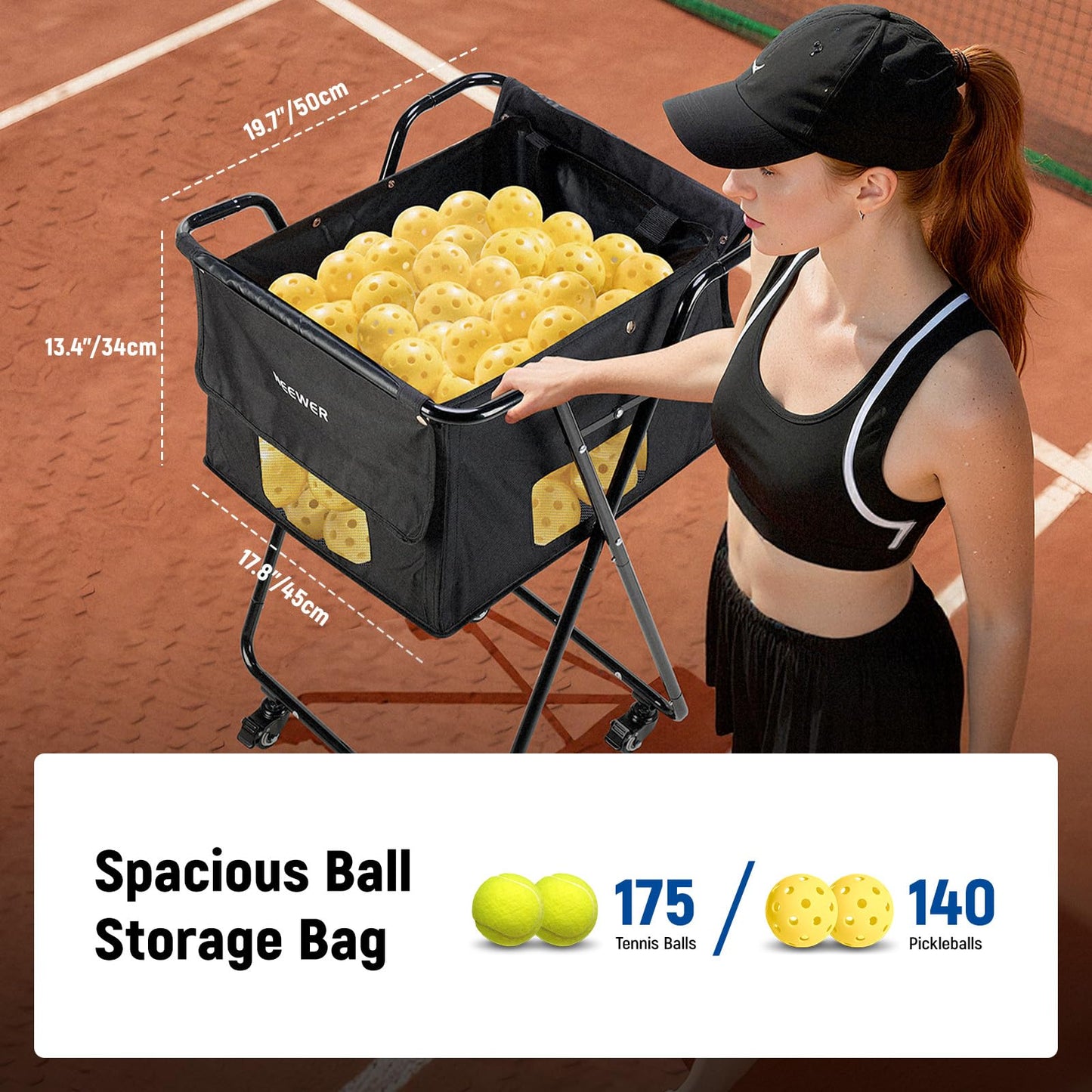 NEEWER Tennis Ball Hopper Pickleball Caddy with Wheels, Rolling Collector Basket Cart Holder for 140 Pickleballs 175 Tennis Balls Pickup Tennis Court Equipment Accessory for Training Teaching, PB01X