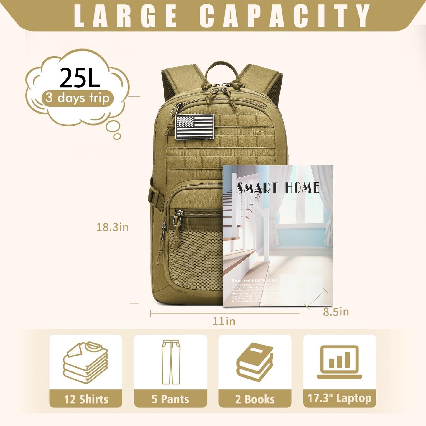 Wotony Military Tactical Backpack for Men Army 3 Days Assault Pack Bag with Molle System for Outdoor Adventures (khaki, 25L)