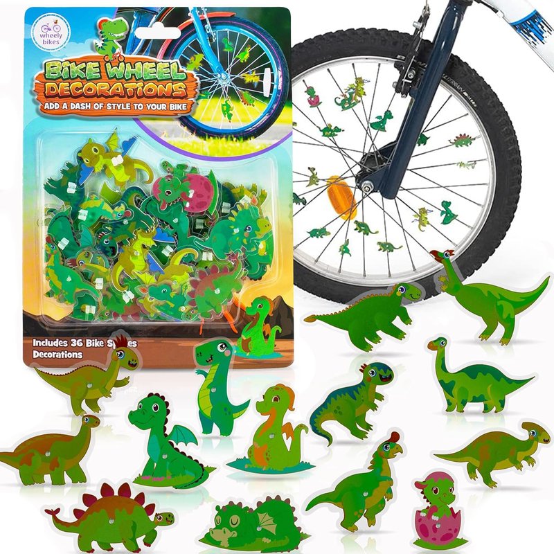 Wheely Bikes 36 Pcs Kids Bike Spoke Decorations – Cute Dinosaur, Flower & Butterfly Kids Bike Accessories for Boys, Bike Charms - Party Favors, Goodie Bag Stuffers for Boys & Girls, Green