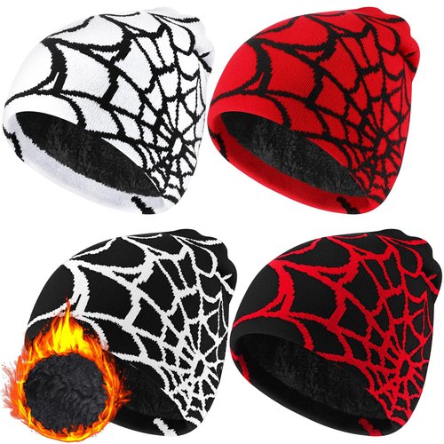 Jeyiour 4 Pcs Y2k Beanies Spider Web Pattern Beanie Gothic Acrylic Knitted Hat Casual Streetwear Outdoor for Men Women(Classic Color,Fleece Lined)
