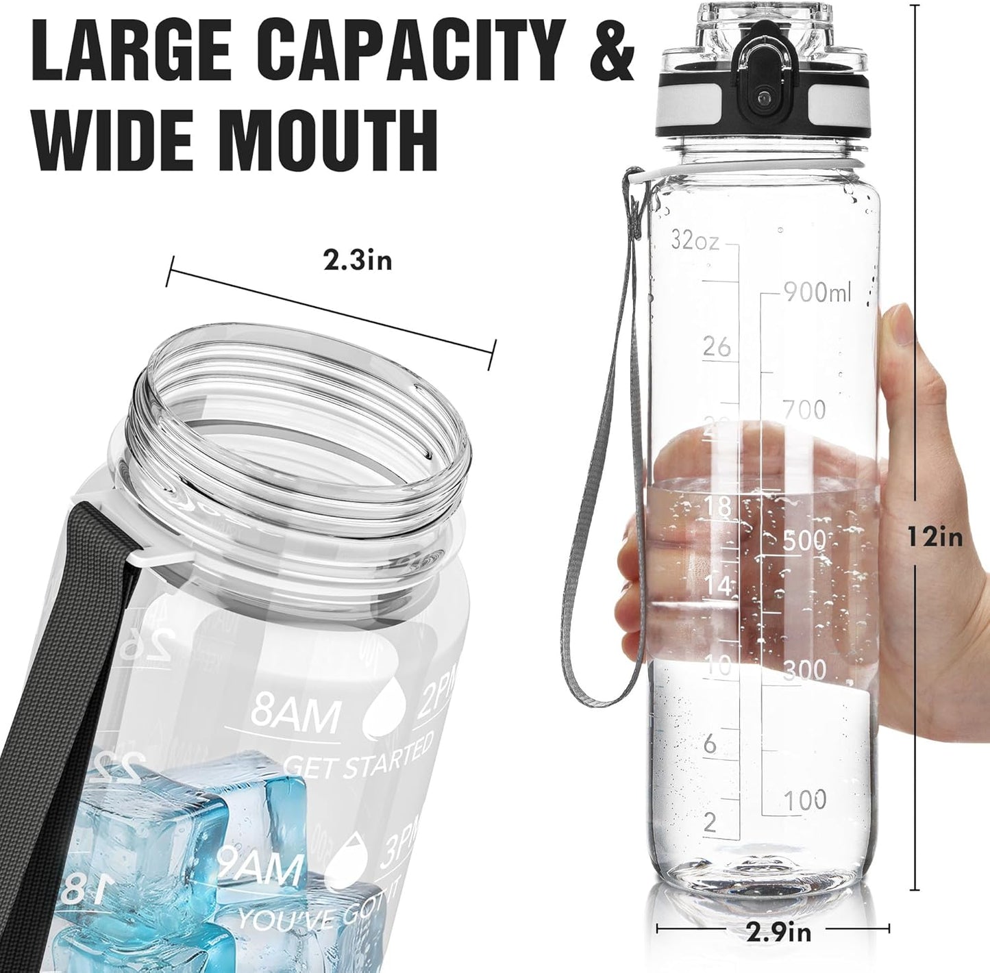 OLDLEY 32oz Motivational Sports Water Bottle - Time Marker, BPA-Free, Leakproof, Clear Design