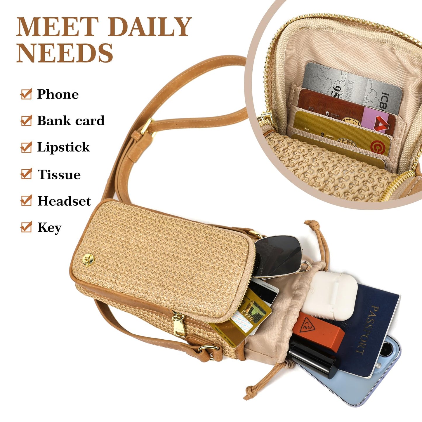 MINICAT Straw Bags For Women, Vacation Purse, Water Bottle Carrier Bag Water Bottle Holder, Beach Bag Raffia Purse(Yellow wavv)
