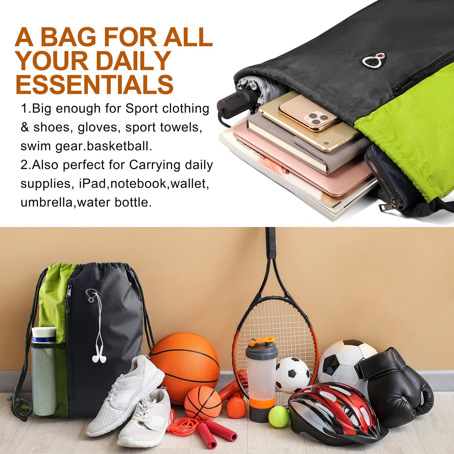 BeeGreen Lime Gym Bag Drawstring Backpack for Women Sports Backpack Workout Bag With 2 Water Bottle Mesh Pockets And Two Zipper Pockets
