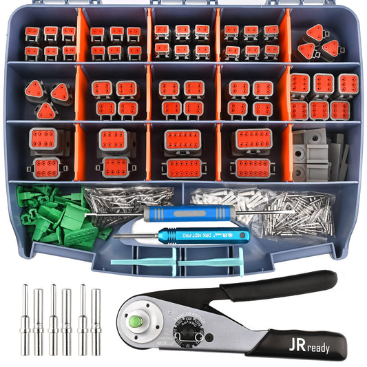 JRready DW5010 Deutsch Connector Kit, 2 3 4 6 8 12 Pin IP68 Waterproof DT Connectors Kit with ACT-M202 Deutsch Crimp Tool for 12-22AWG, Size 16 Solid Contacts 16-20AWG and Pin Removal Tools