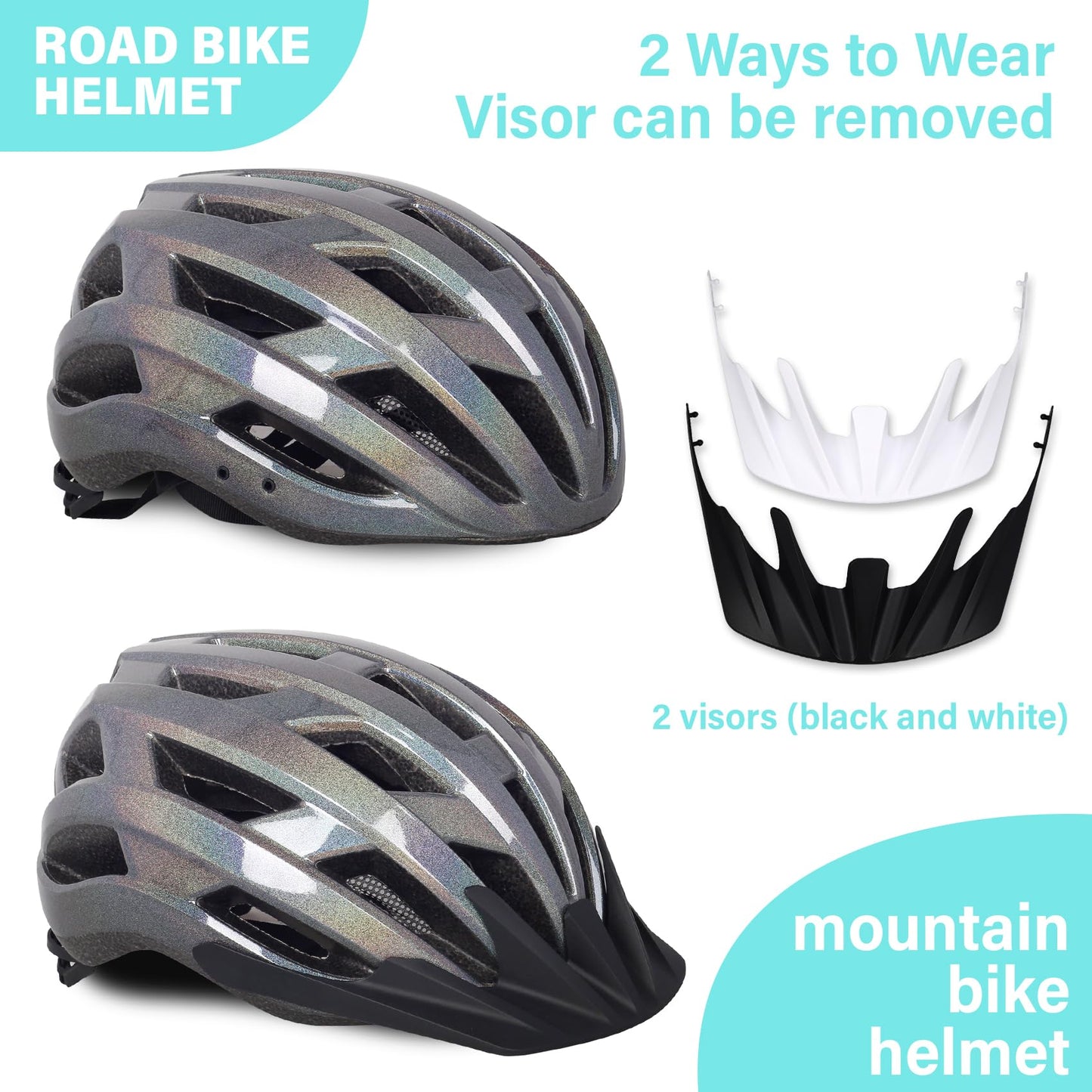 Bike Helmet for Adults Women Men Youth Kids, Lightweight Mountain Road Bicycle Cycling Helmets with Adjustable Dial, 2 Detachable Visor
