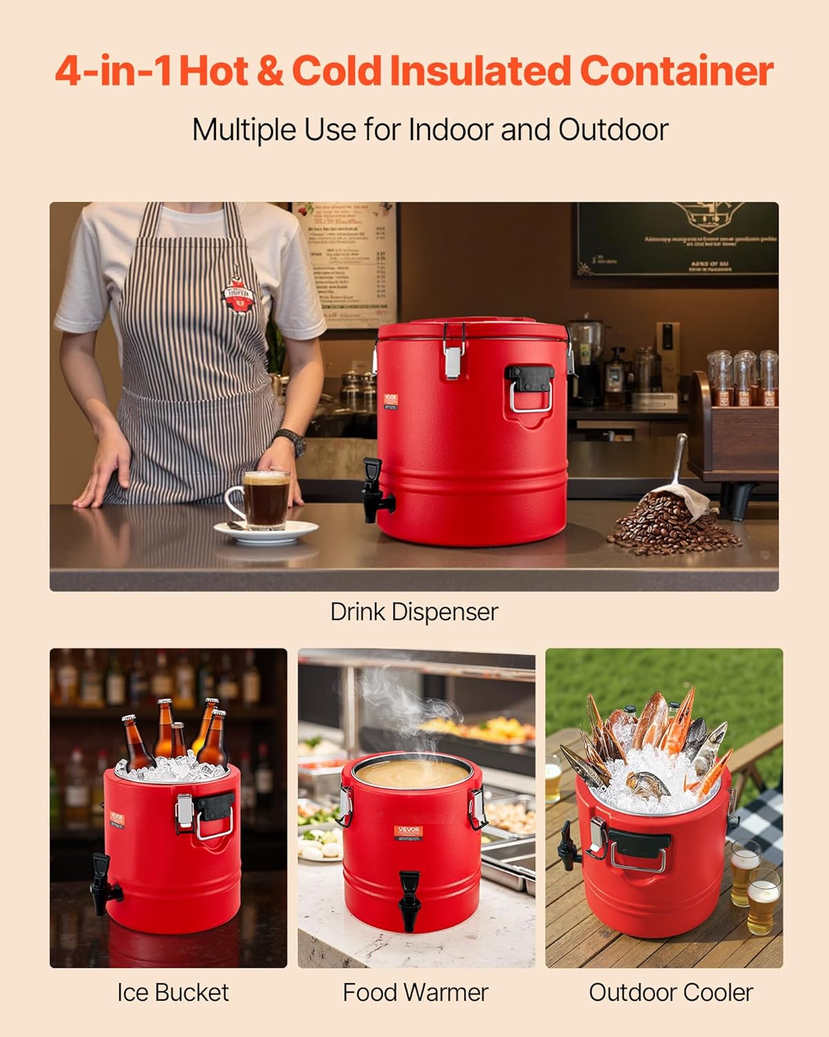 VEVOR Insulated Beverage Dispenser - 8 Gal Thermal Hot & Cold Drink Server with Spigot | Food-Grade 304 Stainless Steel Interior