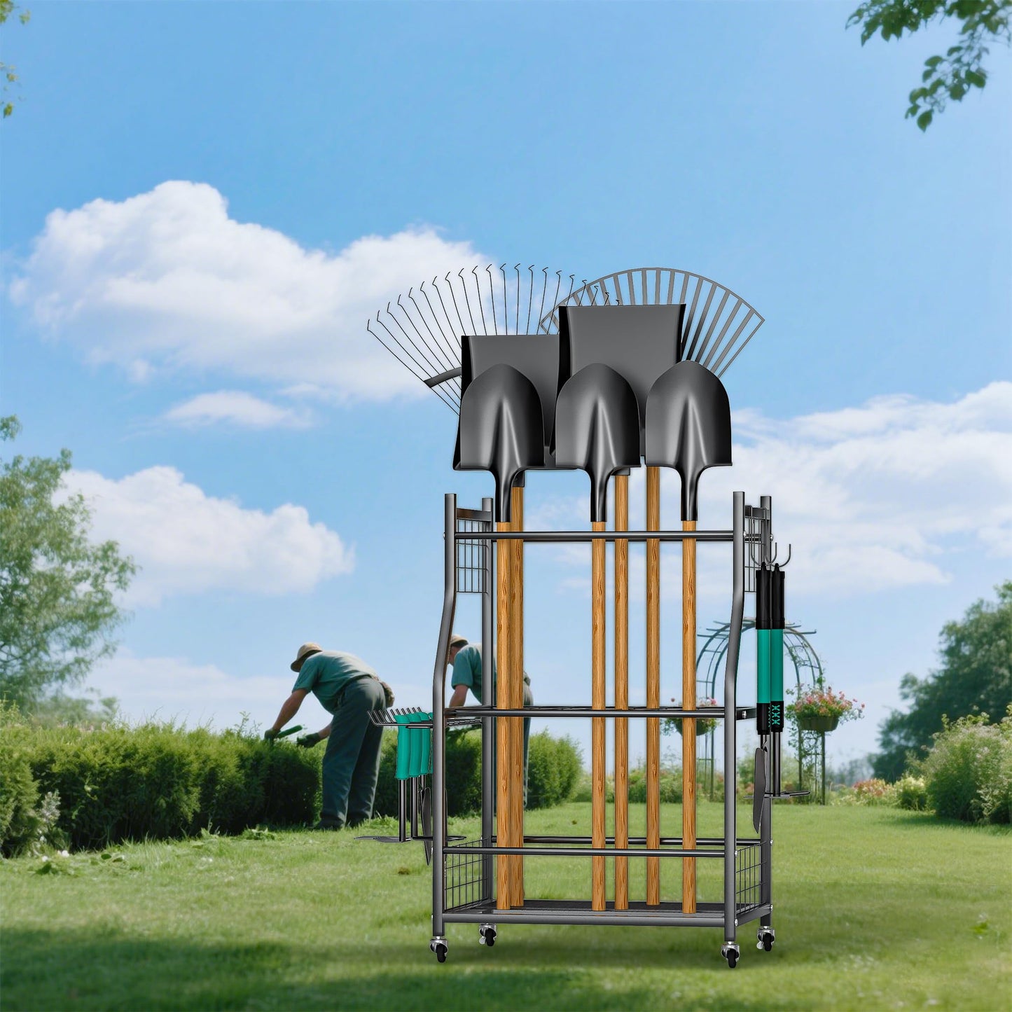 EVERHANGER Garden Tool Organizer Stand, Garage Tool Storage Organization, Yard Tool Racks with lockable wheels, Fit for Long-Handled Tools/Rakes/Brooms, Indoor/Outdoor Use