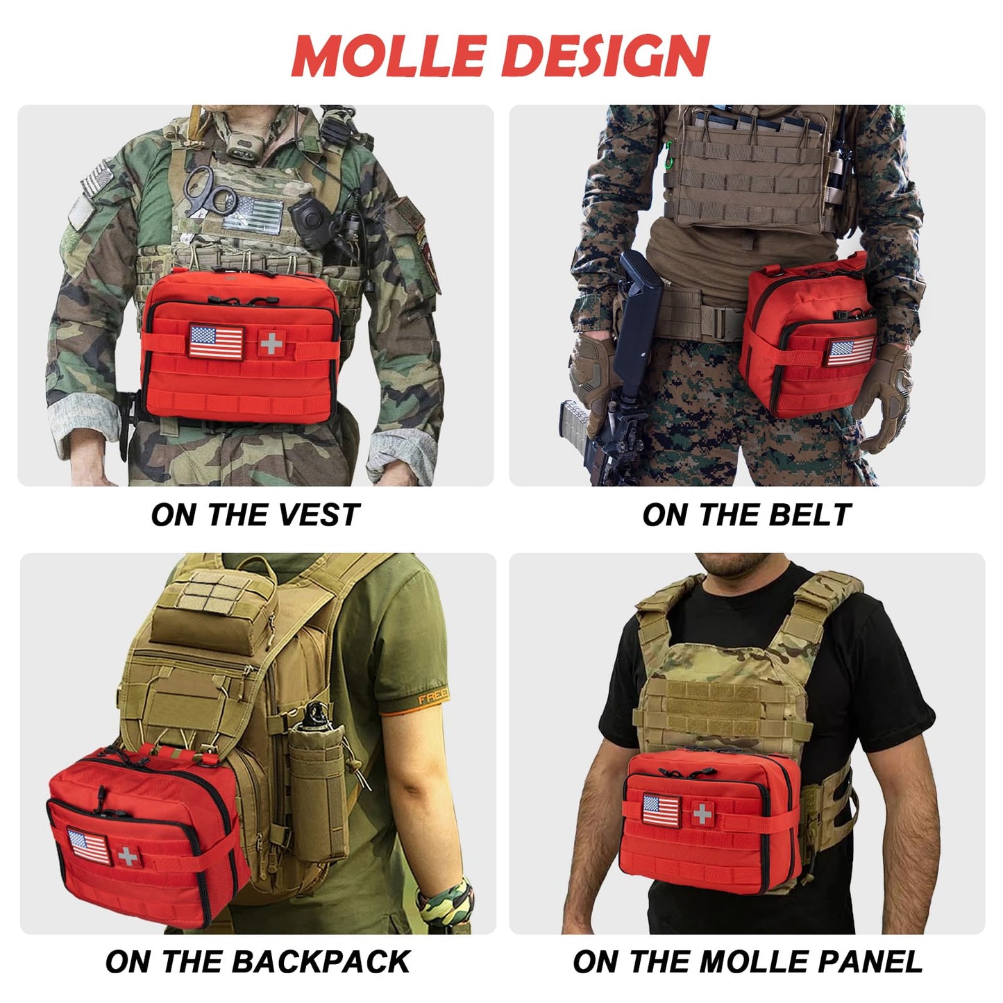 Jueachy First Aid Pouch: Molle Tactical Medical Pouch IFAK Pouch EMT Large Capacity Include Flag & Cross Patch Red