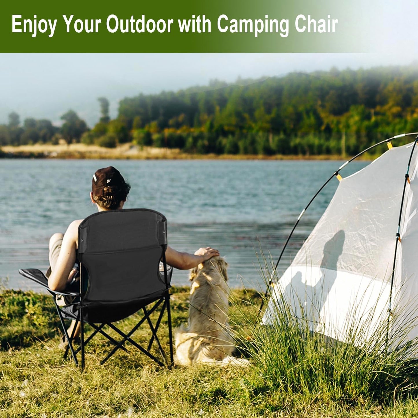 Skiennix Folding Camping Chairs - Heavy Duty Collapsible Lawn Chairs with Cooler Bag & Storage Pocket - Supports 225lbs, Black