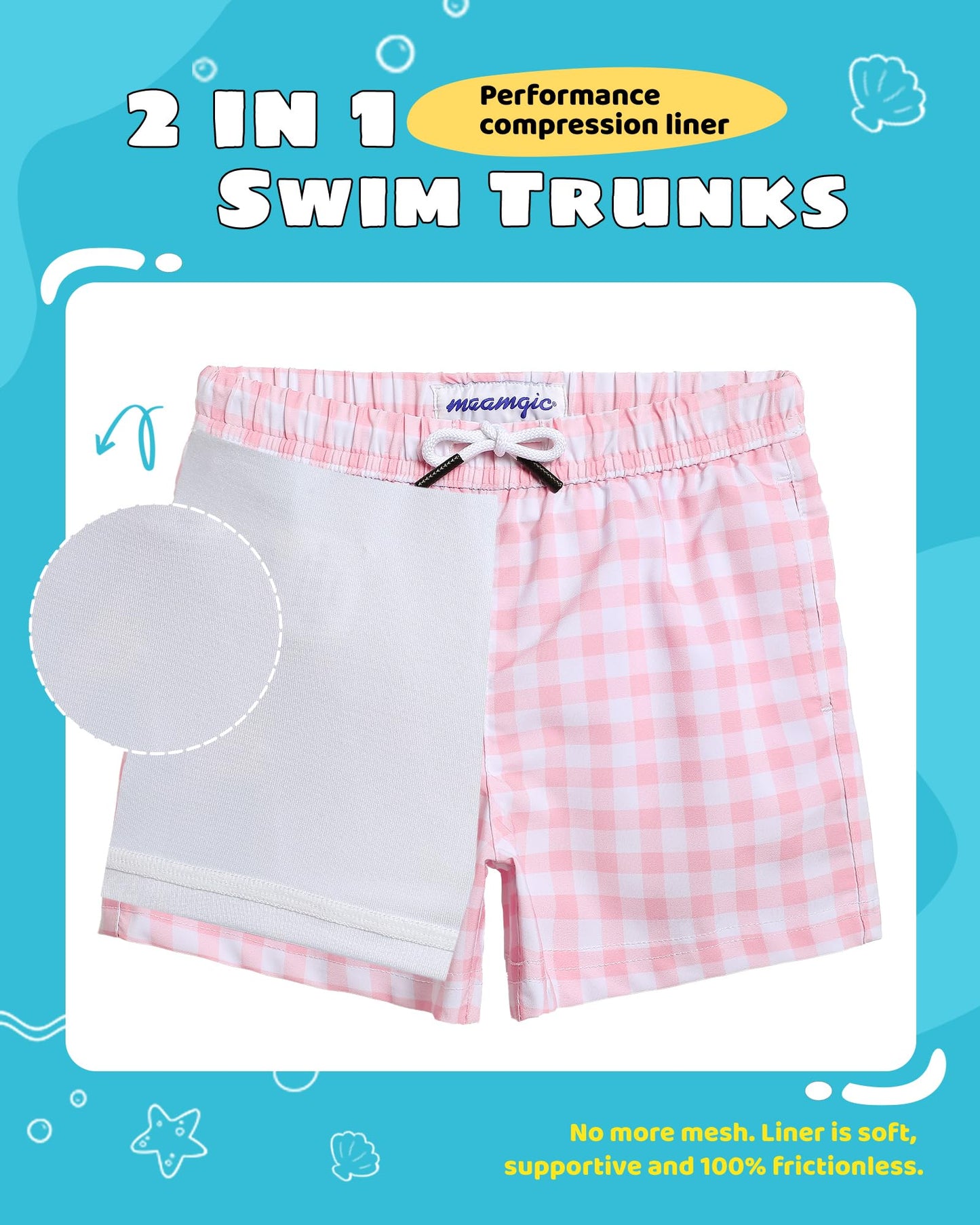 maamgic Boys Swim Trunks with Compression Liner Toddler Stretch Swim Shorts Quick Dry Swimming Trunks Boxer Brief 2 in 1 Beach Shorts Pink Gingham 14/16