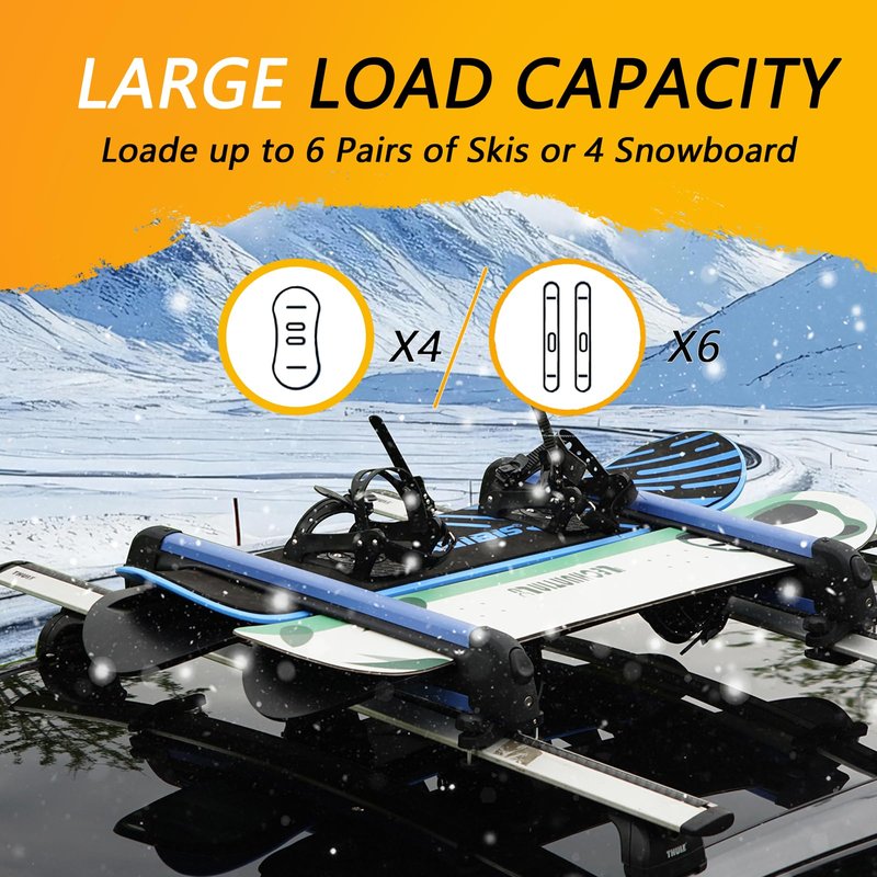 Ski and Snowboard Roof Racks, Ski Roof Racks with Anti-Theft Lock Racks Carrier for Snowboard Universal Ski Top Holder Fits for Square/Round/Aero/Oval Cross Bars, Blue
