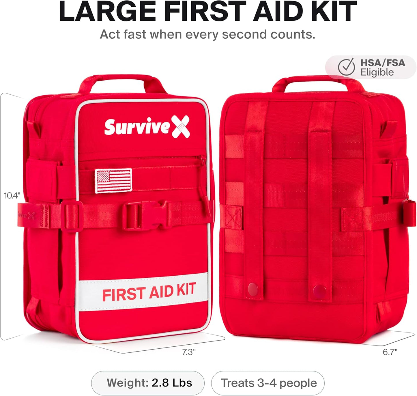 SurviveX Large First Aid Kit - Essential Emergency Kit for Car, Travel, Hiking & Camping - Includes Zip Stitch Wound Closure Strips