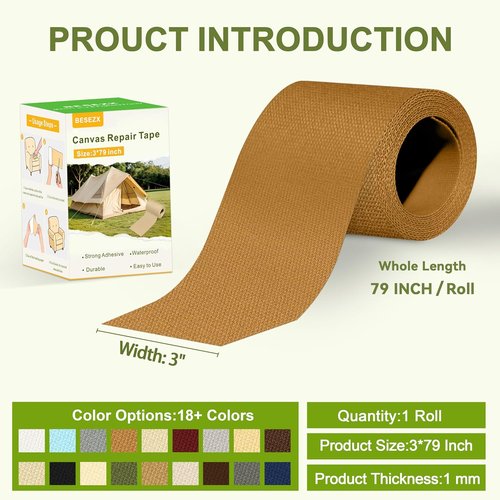 Besezx Canvas Repair Tape - Waterproof Self-Adhesive Fabric Patch for Outdoor Gear | 3x79 Inches, Light Brown