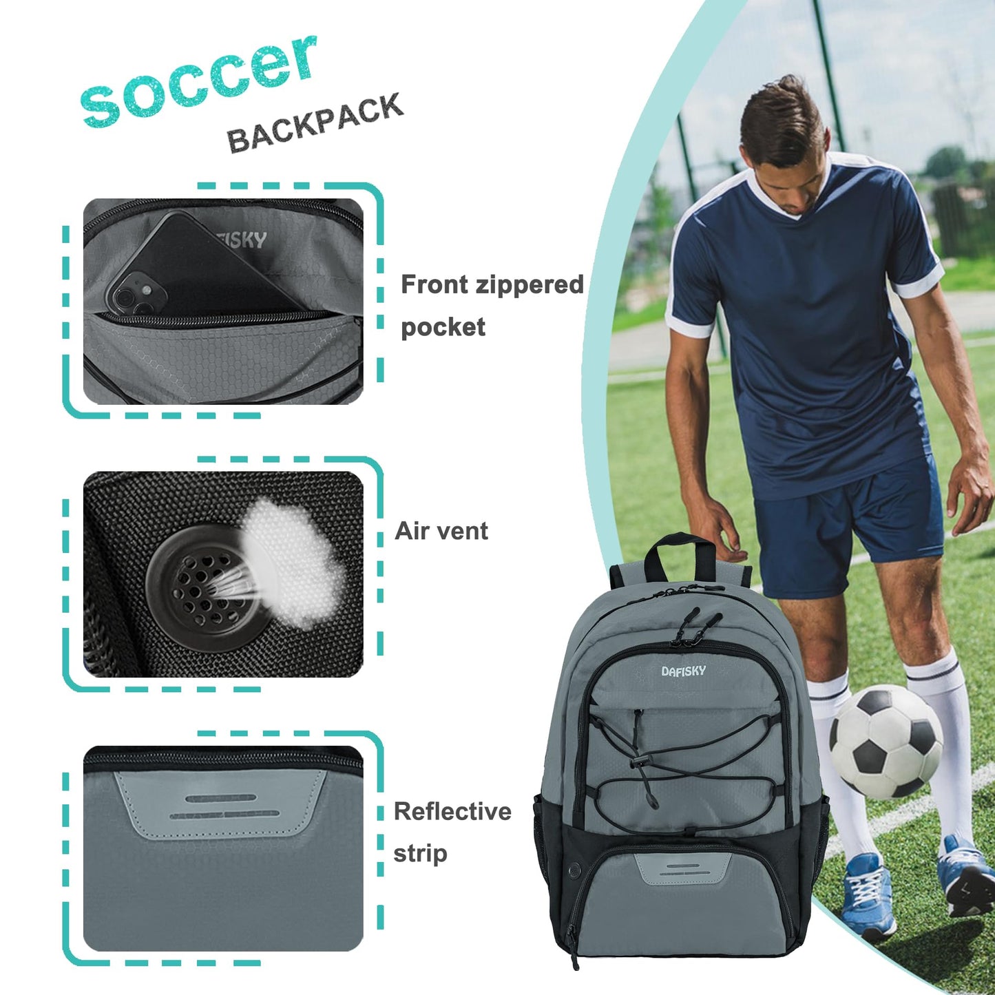 DAFISKY Youth Soccer Backpack Basketball Bag,Ball Compartment&Breathable Separate Cleat Water-Resistant Lightweight Durable Ergonomic Comfort Sports Equipment for Volleyball Football Rugby Training