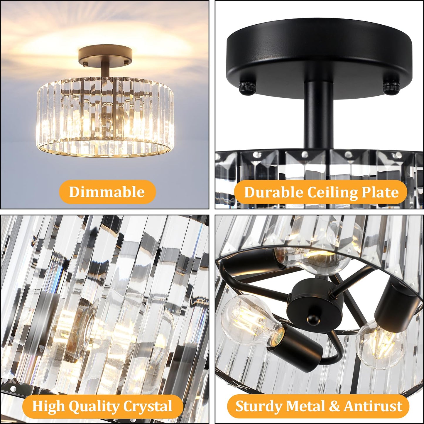 TOULMJ Crystal Ceiling Light, 3-Light Semi Flush Mount Ceiling Lighting Fixture, Black Round Hallway Light Fixtures for Kitchen Entryway Bedroom Laundry Room