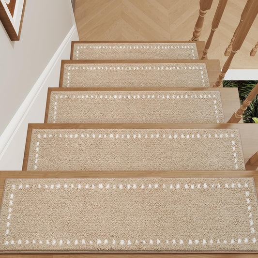 tchdio Stair-Treads Non Slip Indoor, Stair Treads for Wooden Steps 1PC, Soft Carpet Stair Treads, Peel and Stick Stair Treads Reusable Adhesive for Kids and Pets, Washable Stair Runner 8"x30" Beige