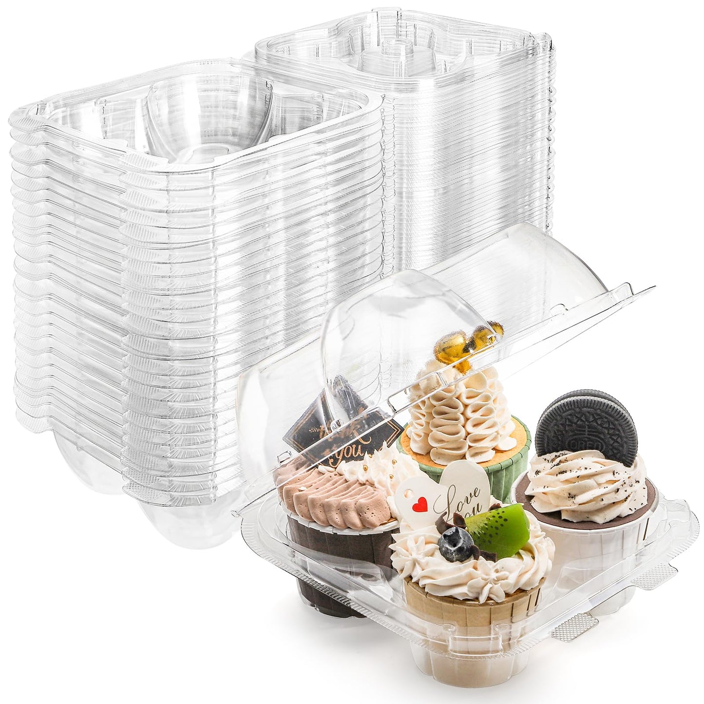 Bekith 60 Count 4-Compartment Plastic Cupcake Containers - Disposable Cupcake Trays Holder Carrier Box with Lids for Cupcakes & Muffins - Hinged Lock Cupcake Clamshell - Deep Cups for Cupcake Storage